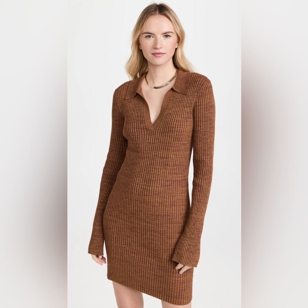 Helmut Lang Womens Dress Small Pecan Marl Stretch Knit Rib Mini Bodycon Designer